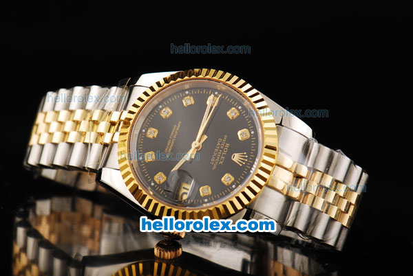 Rolex Datejust Swiss ETA 2836 Automatic Movement Black Dial with Diamond Markers and Gold Bezel-18K Gold Never Fade - Click Image to Close